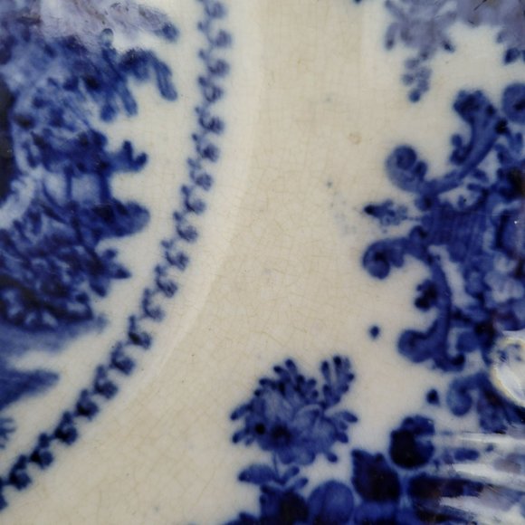 Vintage Flow Blue Serving Bowl by W. Adams & Co. in England, Fairy Villa Pattern - Picture 10 of 10